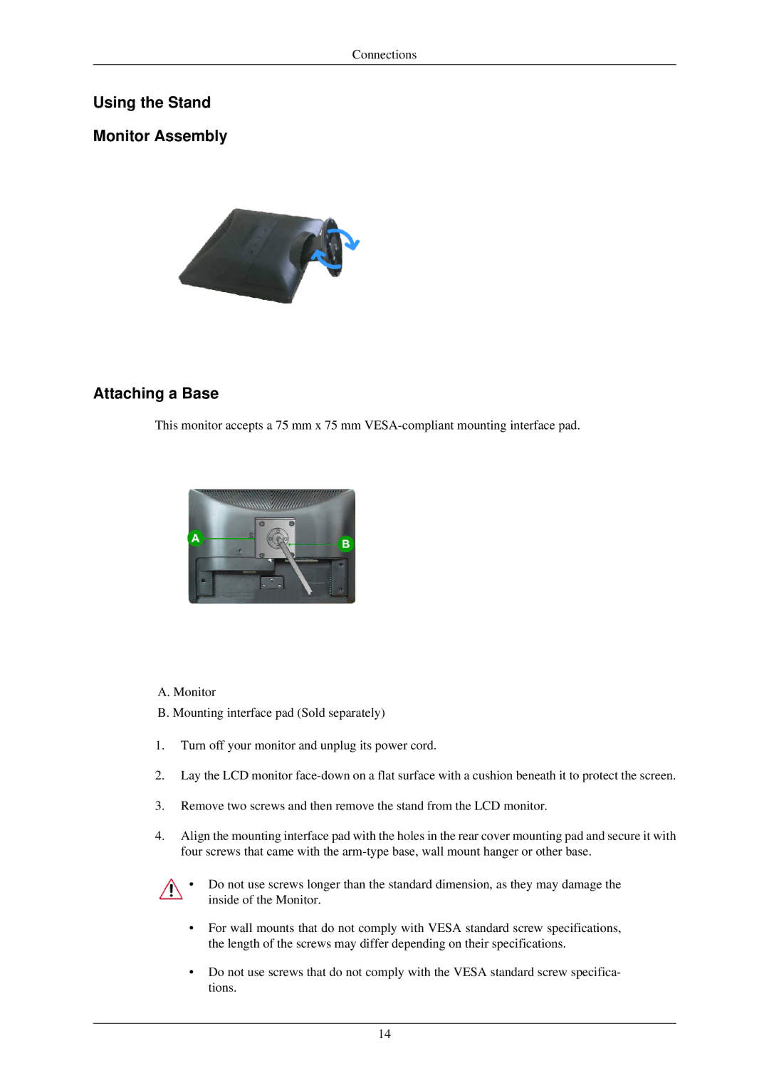 Samsung LS19MEXSFU/EDC manual Using the Stand Monitor Assembly Attaching a Base 