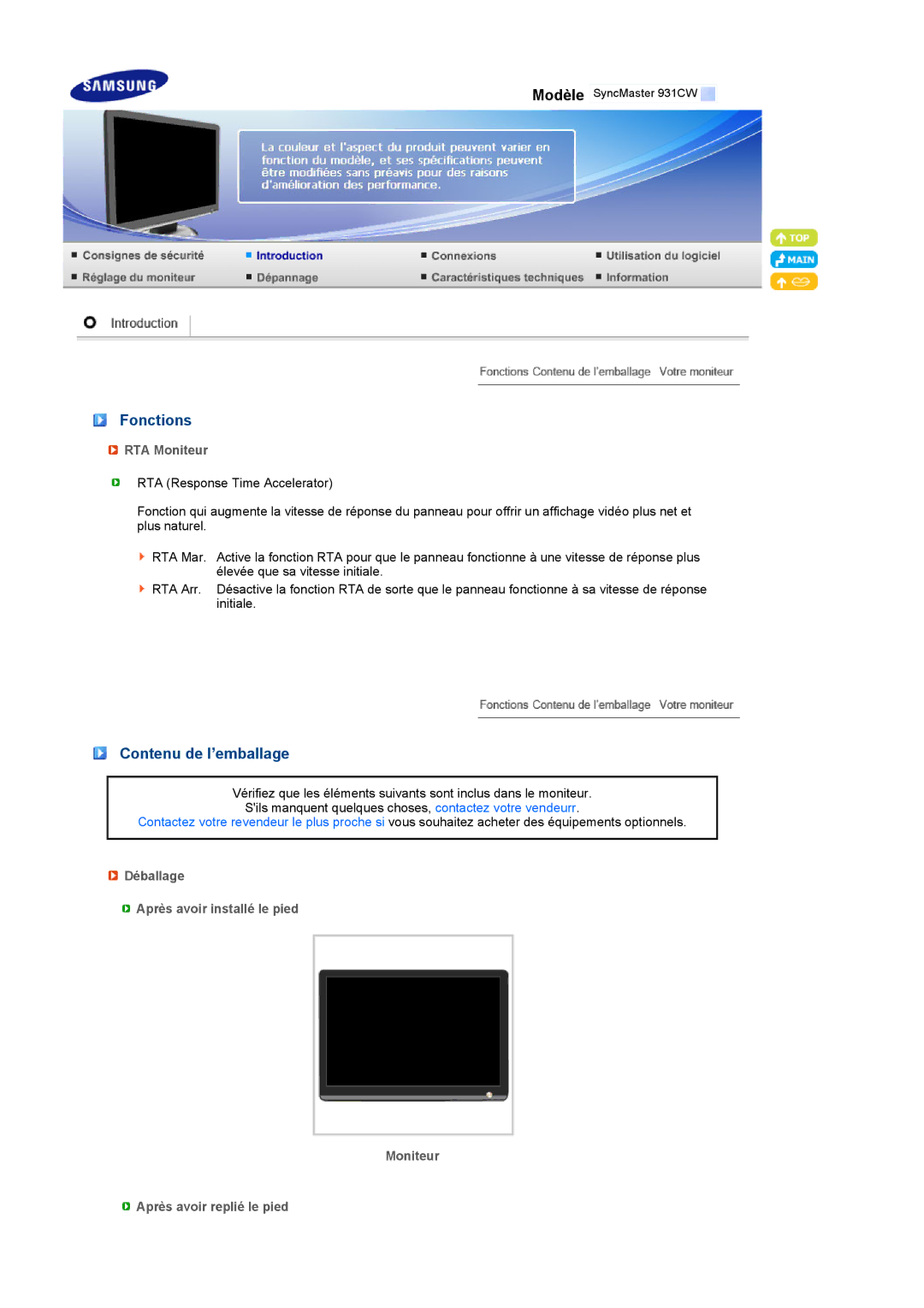 Samsung LS19MEXSFV/EDC manual Fonctions, Contenu de l’emballage, RTA Moniteur 