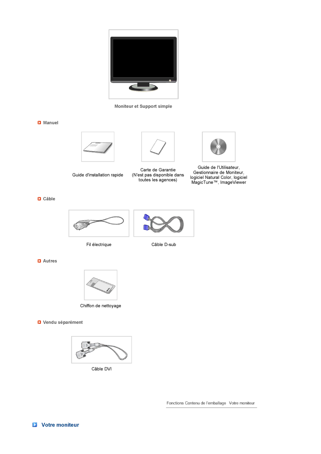 Samsung LS19MEXSFV/EDC manual Votre moniteur, Moniteur et Support simple Manuel, Câble, Autres, Vendu séparément 