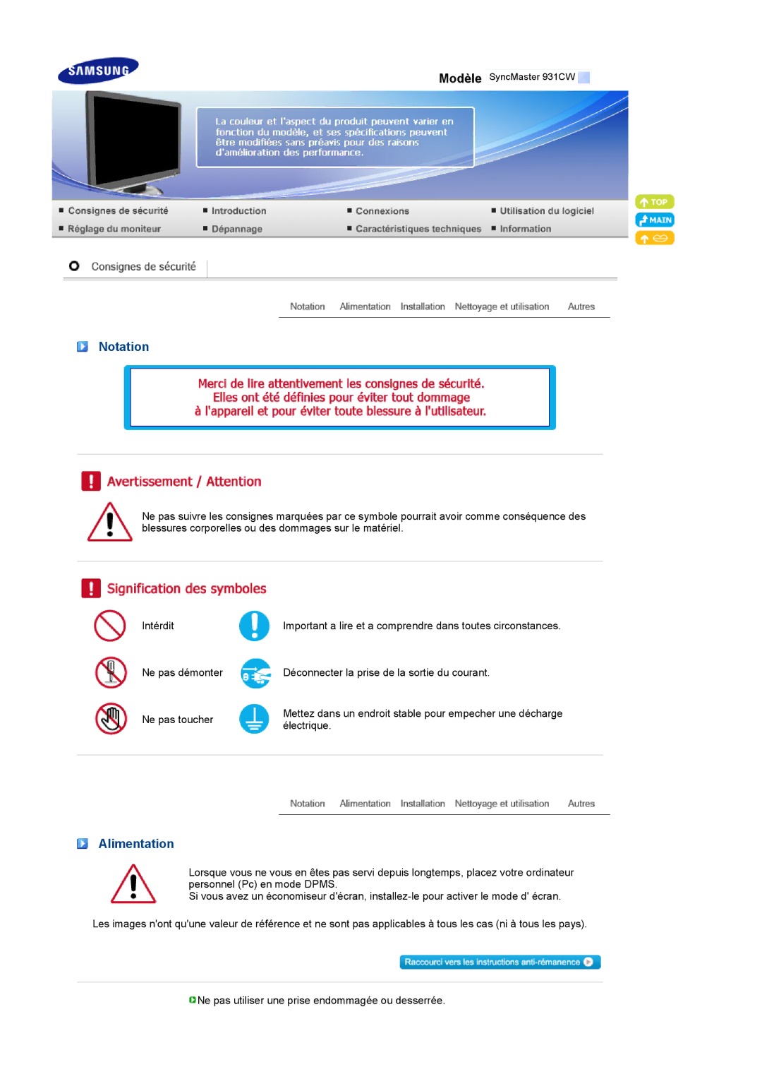 Samsung LS19MEXSFV/EDC manual Notation, Alimentation 