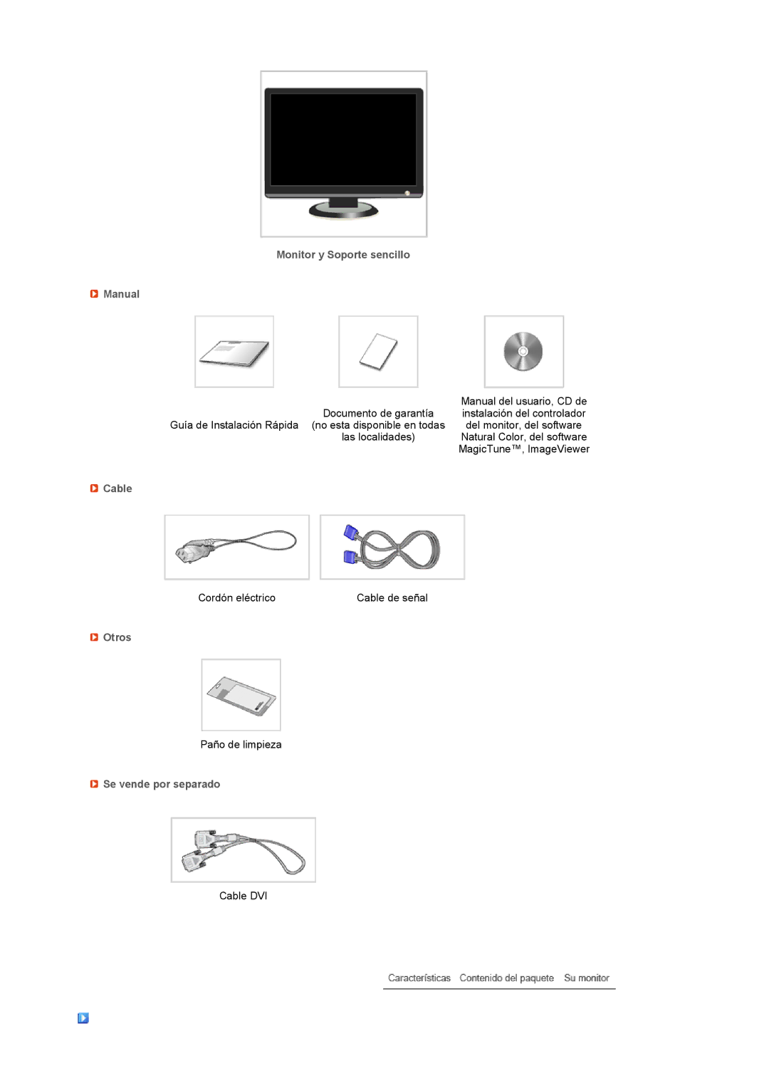 Samsung LS19MEXSFV/EDC manual Monitor y Soporte sencillo Manual, Cable, Otros, Se vende por separado 