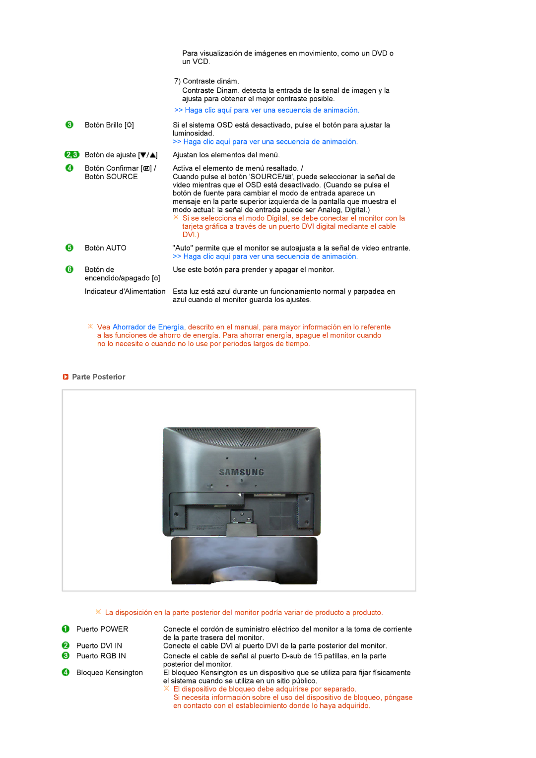 Samsung LS19MEXSFV/EDC manual Haga clic aquí para ver una secuencia de animación, Parte Posterior 