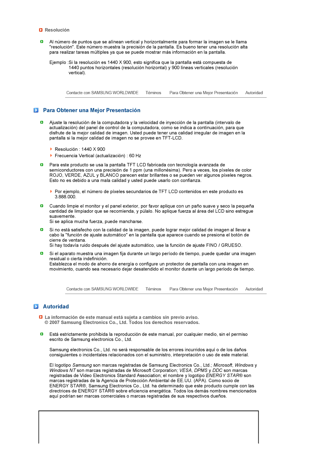 Samsung LS19MEXSFV/EDC manual Para Obtener una Mejor Presentación, Autoridad, Resolución 