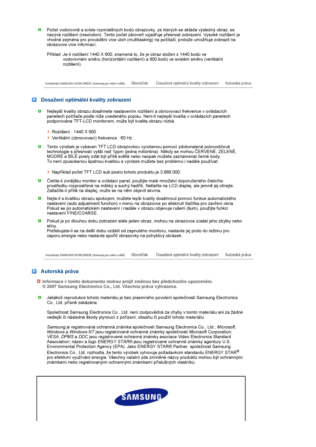 Samsung LS19MEXSFV/EDC manual Dosažení optimální kvality zobrazení, Autorská práva 