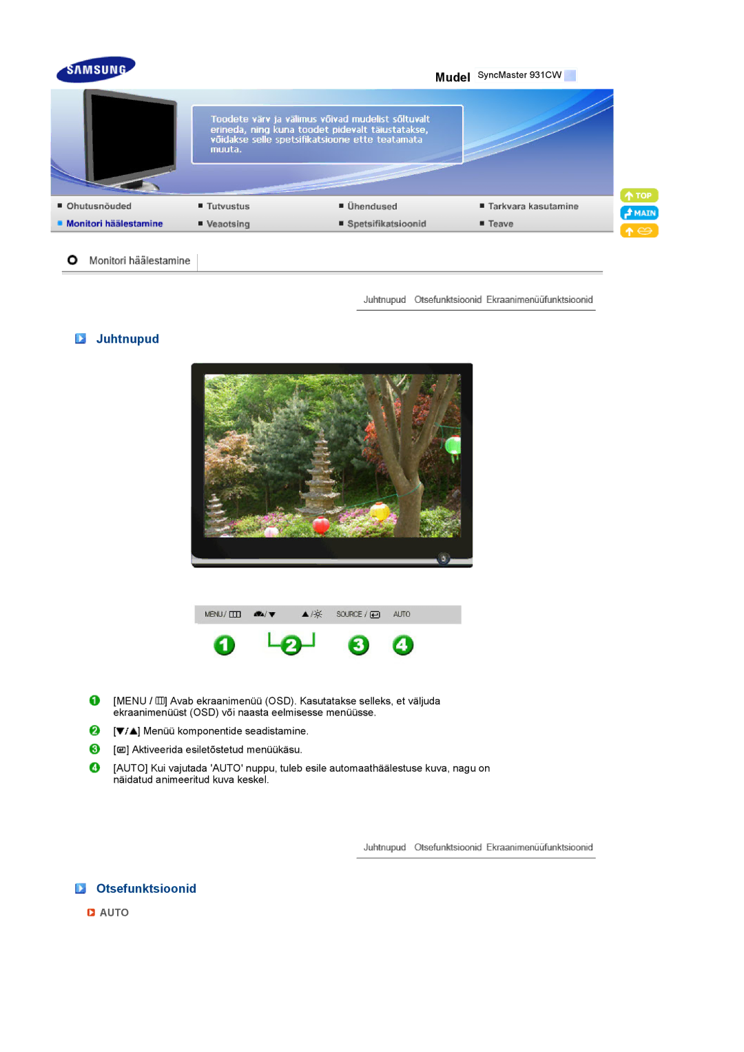 Samsung LS19MEXSFV/EDC manual Juhtnupud, Otsefunktsioonid 