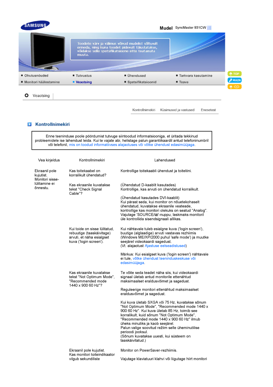 Samsung LS19MEXSFV/EDC manual Kontrollnimekiri, Vt. alajaotust Ajastuse eelseadistused 