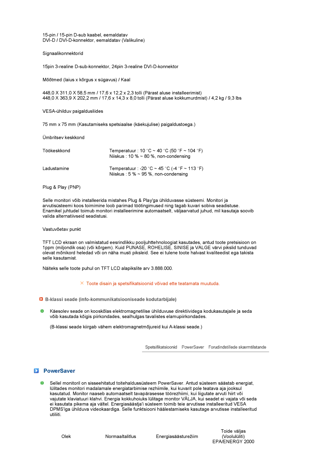 Samsung LS19MEXSFV/EDC manual PowerSaver, Klassi seade info-kommunikatsiooniseade kodutarbijale 