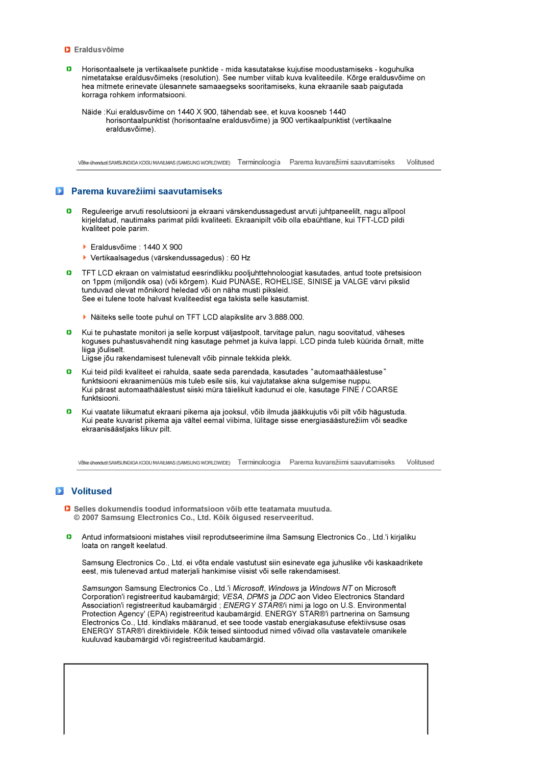 Samsung LS19MEXSFV/EDC manual Parema kuvarežiimi saavutamiseks, Volitused, Eraldusvõime 