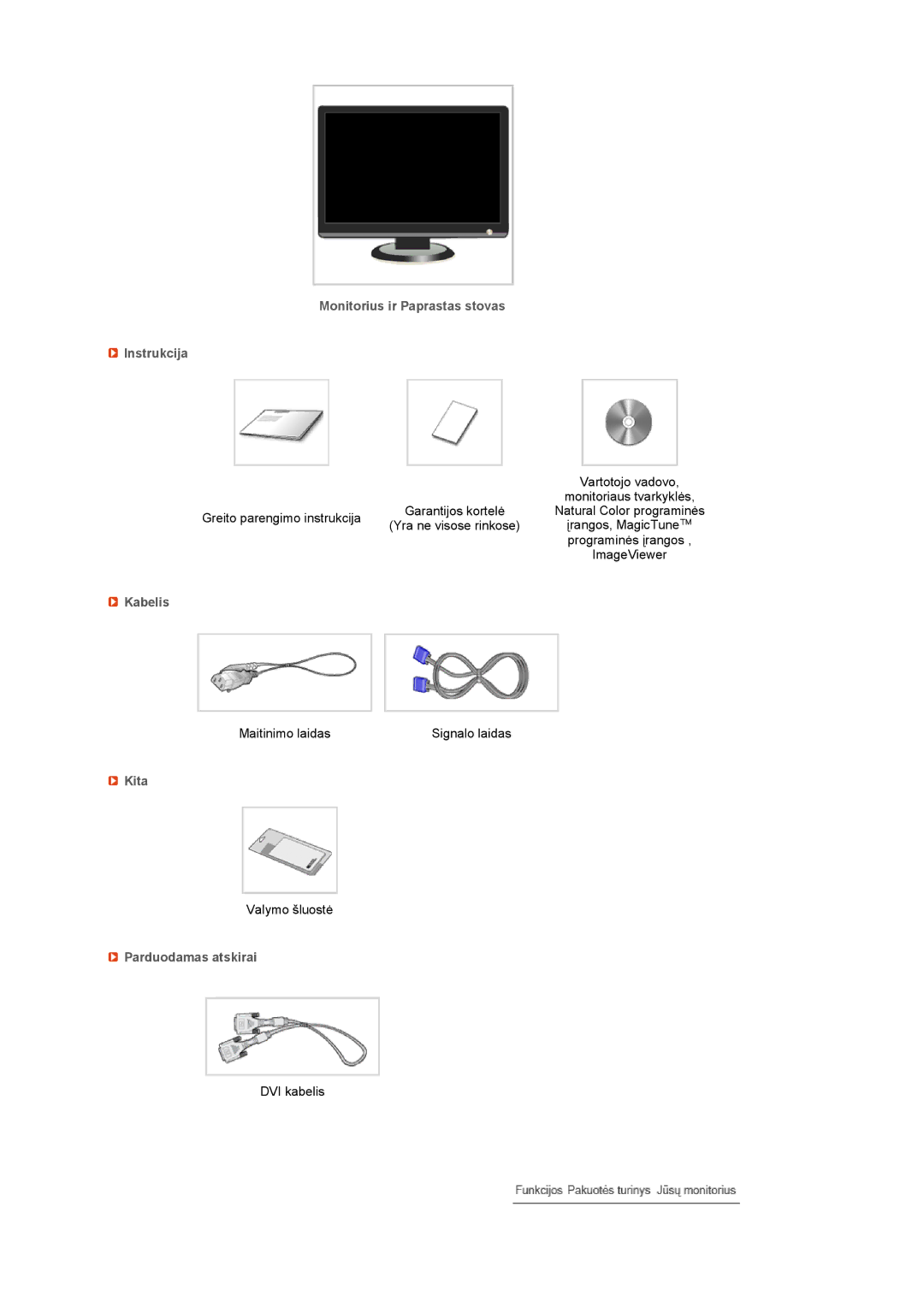 Samsung LS19MEXSFV/EDC manual Monitorius ir Paprastas stovas Instrukcija, Kabelis, Kita, Parduodamas atskirai 