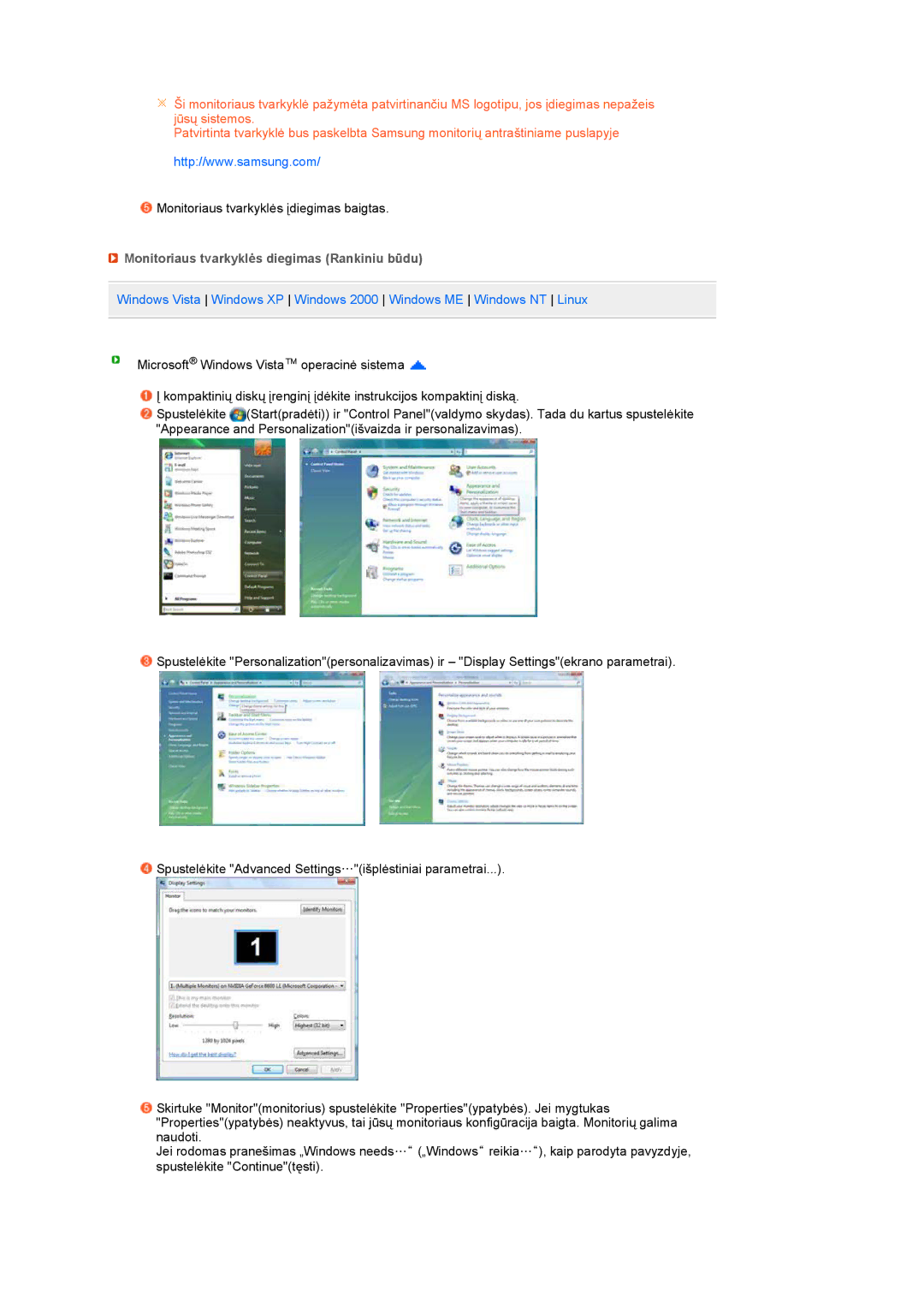 Samsung LS19MEXSFV/EDC manual Monitoriaus tvarkyklės diegimas Rankiniu būdu 