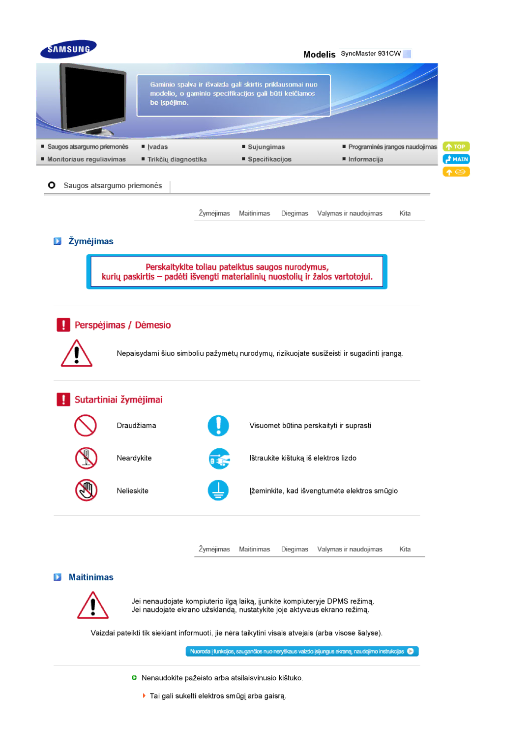 Samsung LS19MEXSFV/EDC manual Žymėjimas, Maitinimas 