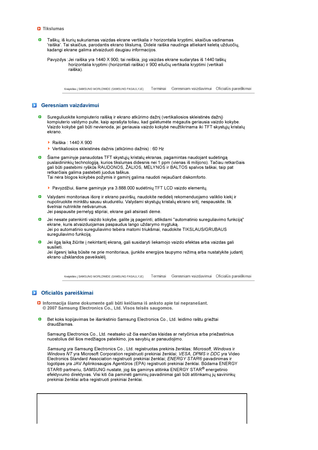 Samsung LS19MEXSFV/EDC manual Geresniam vaizdavimui, Oficialūs pareiškimai, Tikslumas 