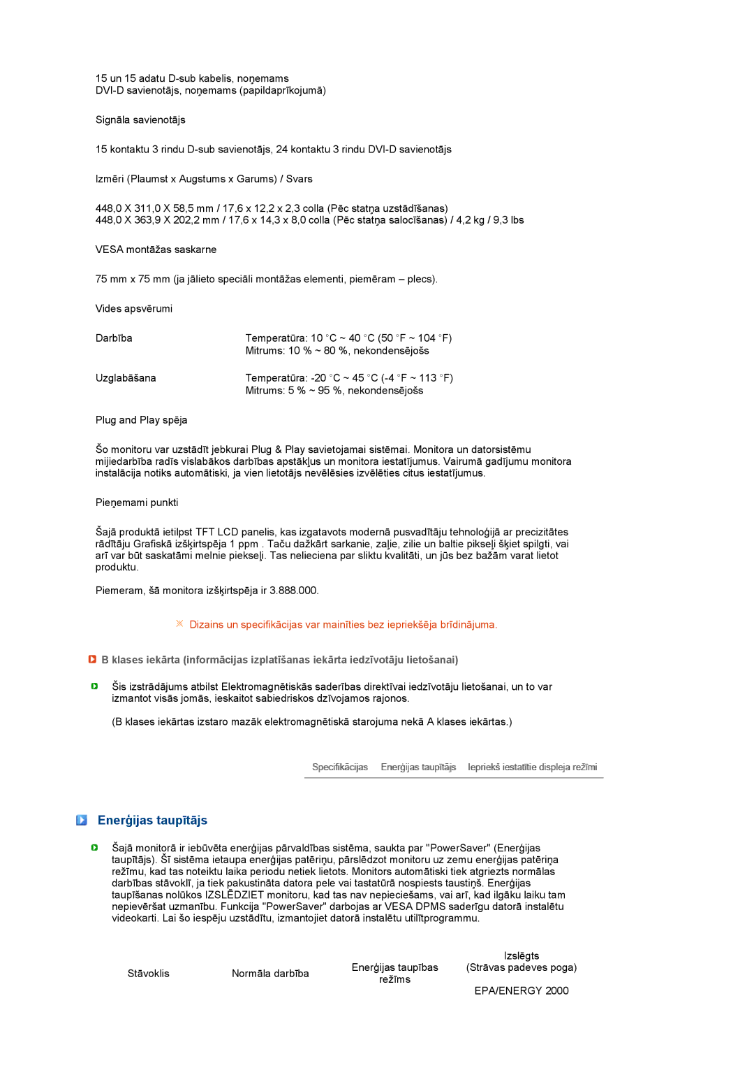 Samsung LS19MEXSFV/EDC manual Enerģijas taupītājs, Epa/Energy 