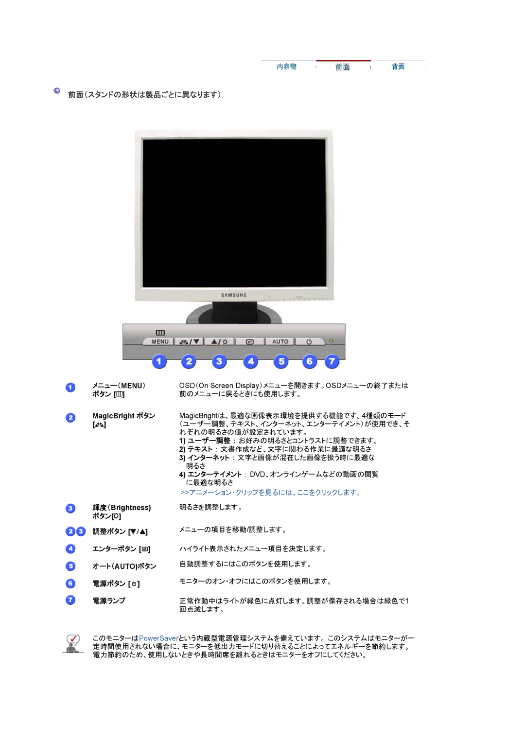 Samsung LS19MJAKSZ/XSJ, LS19MJAKNZ/XSJ manual 前面（スタンドの形状は製品ごとに異なります）, メニュー（Menu） ボタン, 調整ボタン エンターボタン オート（Autoボタン 電源ボタン 電源ランプ 