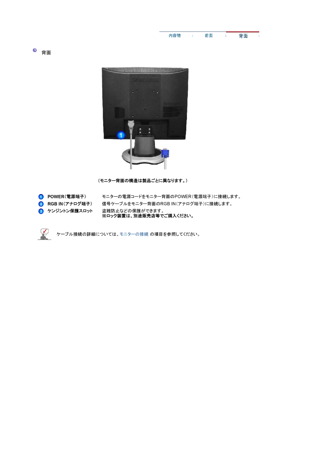 Samsung LS19MJAKBZ/XSJ, LS19MJAKNZ/XSJ, LS19MJAKSZ/XSJ manual （モニター背面の構造は製品ごとに異なります。）, ※ロック装置は、別途販売店等でご購入ください。 