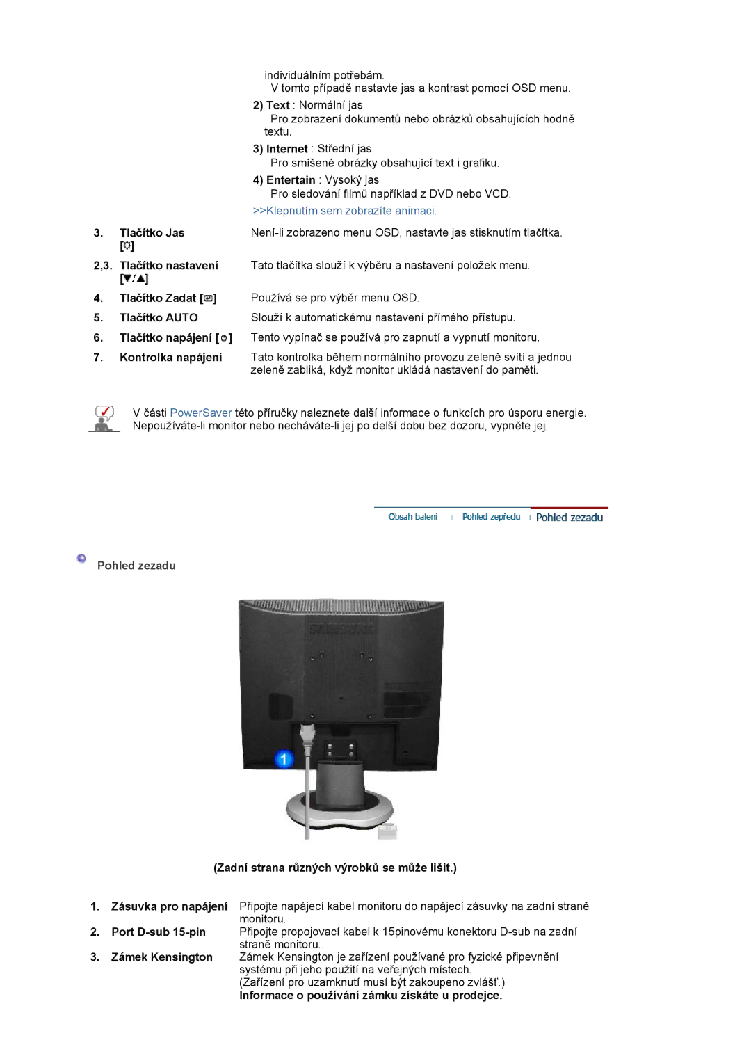 Samsung LS19MJAKSZ/EDC manual Pohled zezadu 