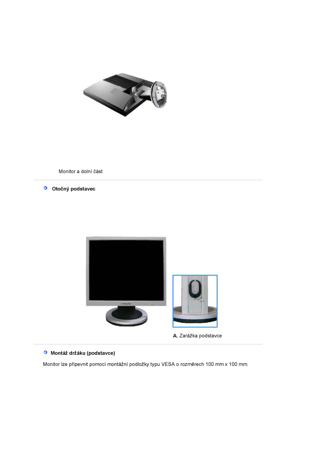 Samsung LS19MJAKSZ/EDC manual Otočný podstavec, Montáž držáku podstavce 