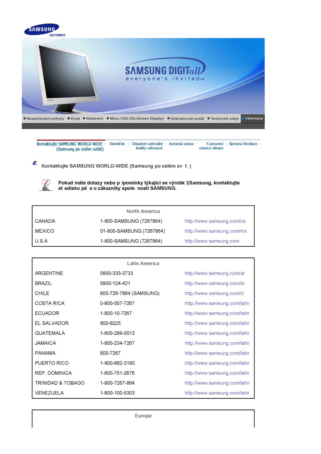 Samsung LS19MJAKSZ/EDC manual Kontaktujte Samsung WORLD-WIDE Samsung po celém světě, North America, Latin America, Europe 