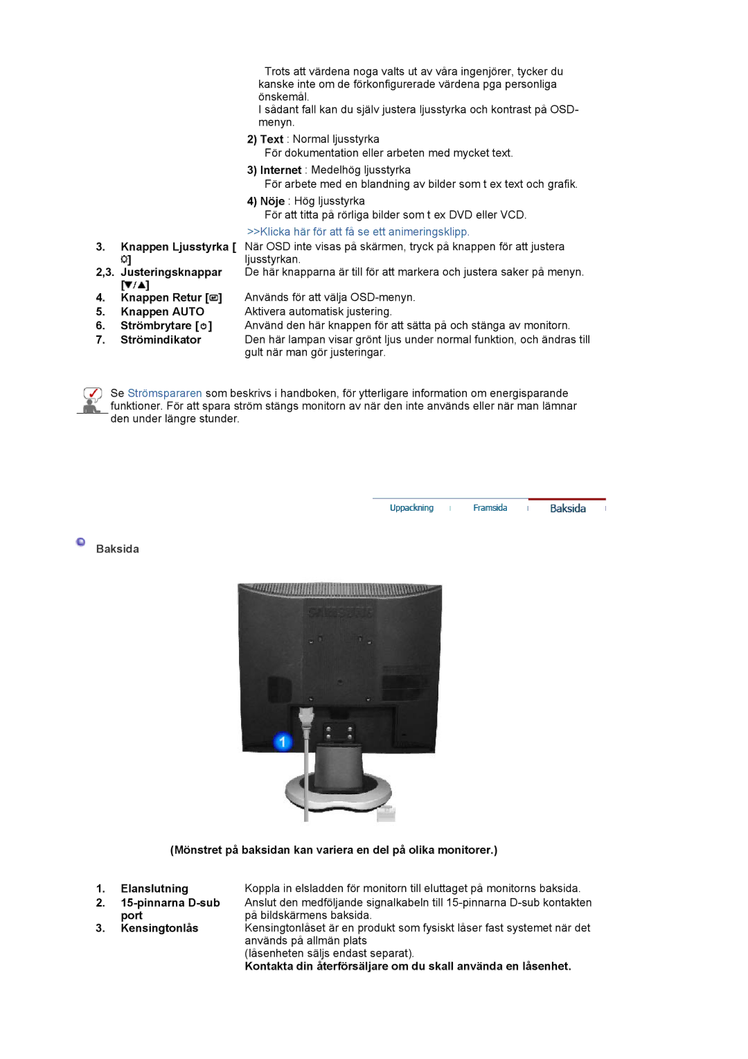 Samsung LS19MJAKSZ/EDC manual Baksida 