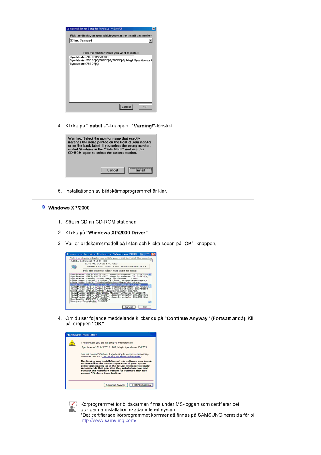 Samsung LS19MJAKSZ/EDC manual Klicka på Windows XP/2000 Driver 