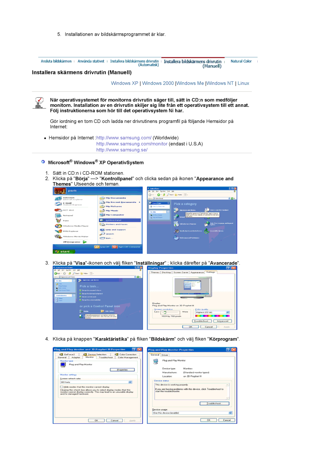 Samsung LS19MJAKSZ/EDC manual Installera skärmens drivrutin Manuell, Microsoft Windows XP OperativSystem 