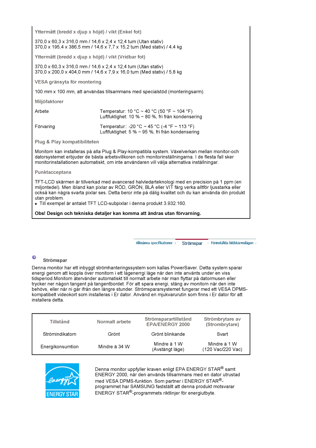 Samsung LS19MJAKSZ/EDC manual Mindre ä 34 W Mindre ä 1 W 