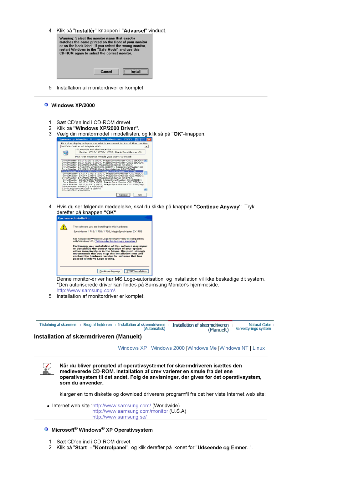 Samsung LS19MJAKSZ/EDC manual Klik på Windows XP/2000 Driver, Microsoft Windows XP Operativsystem 