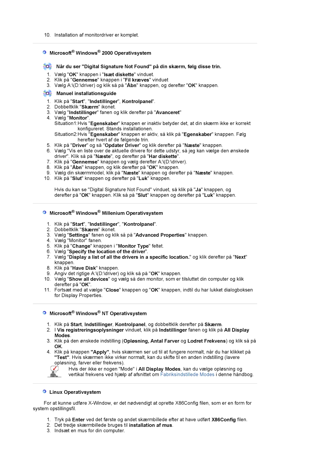 Samsung LS19MJAKSZ/EDC manual Microsoft Windows NT Operativsystem, Linux Operativsystem 