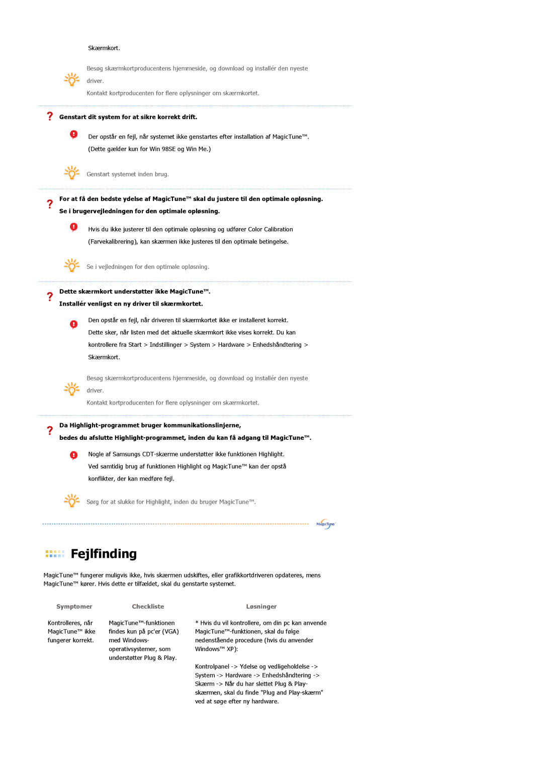 Samsung LS19MJAKSZ/EDC manual Symptomer Checkliste 