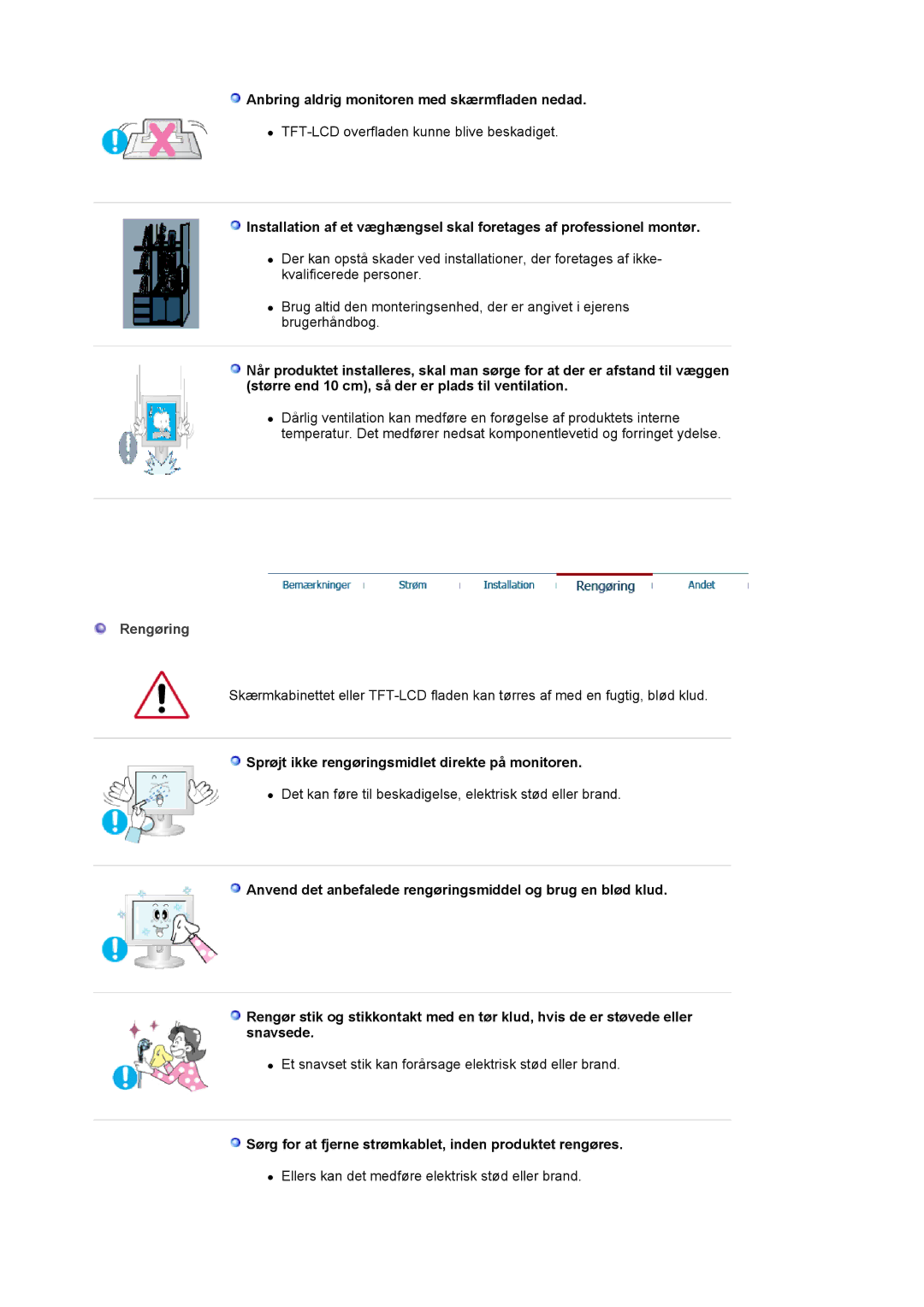 Samsung LS19MJAKSZ/EDC manual Anbring aldrig monitoren med skærmfladen nedad, Rengøring 