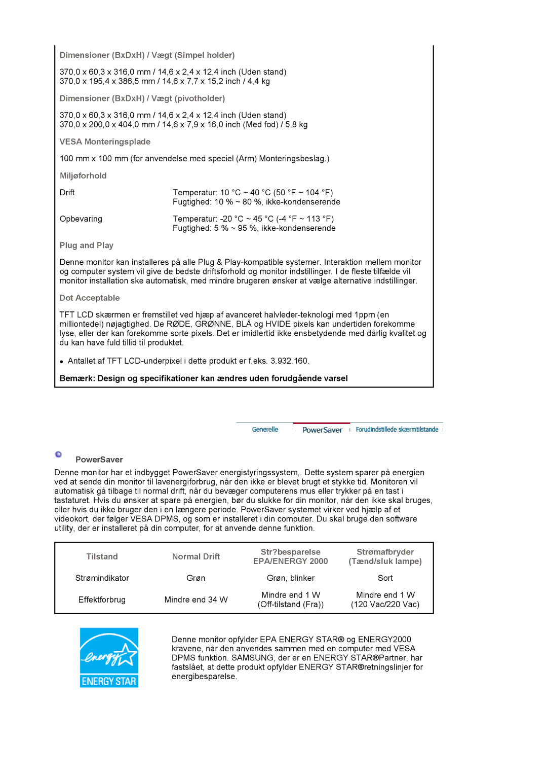 Samsung LS19MJAKSZ/EDC manual Mindre end 34 W Mindre end 1 W 