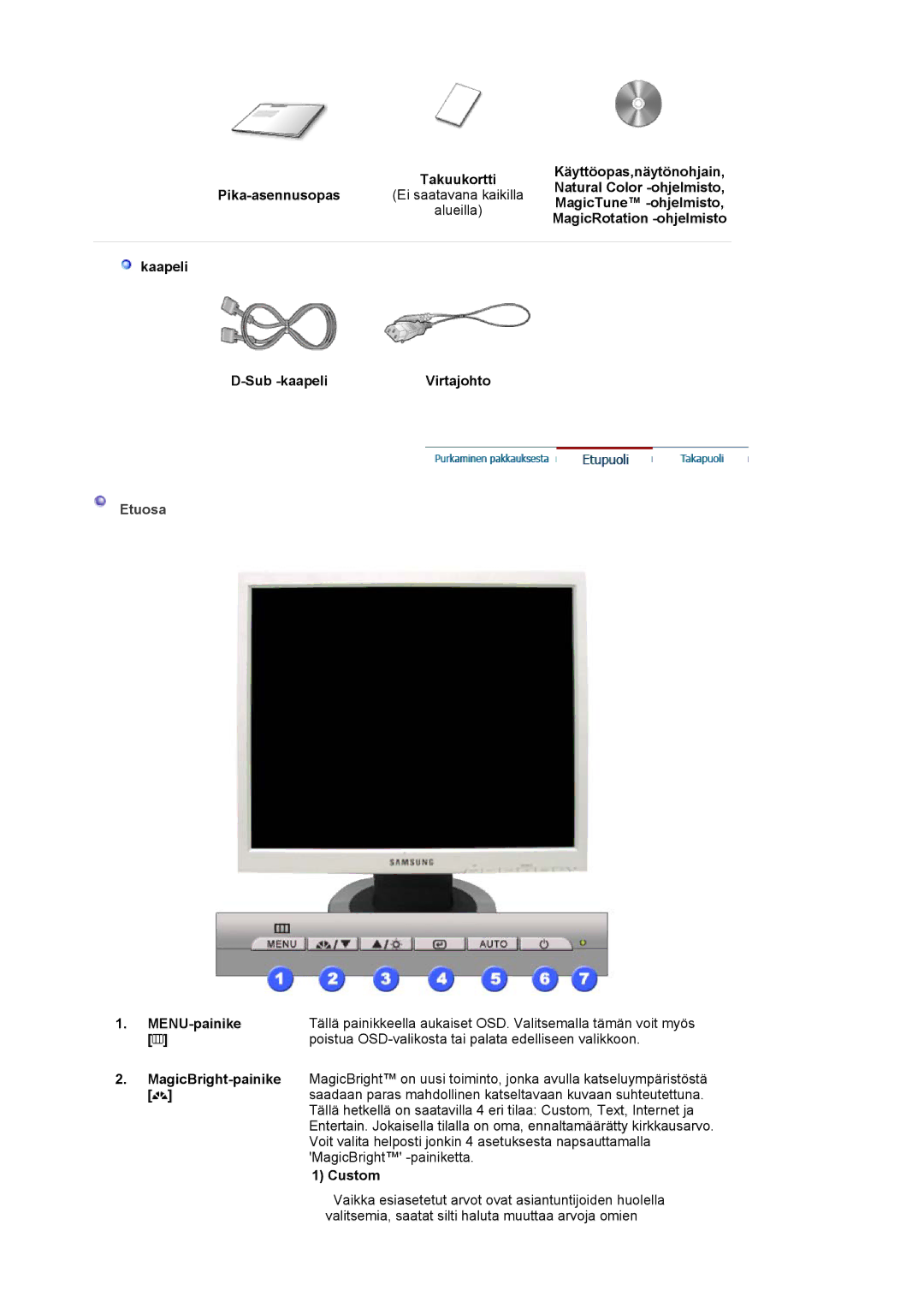 Samsung LS19MJAKSZ/EDC manual Etuosa, MENU-painike, Poistua OSD-valikosta tai palata edelliseen valikkoon, Custom 