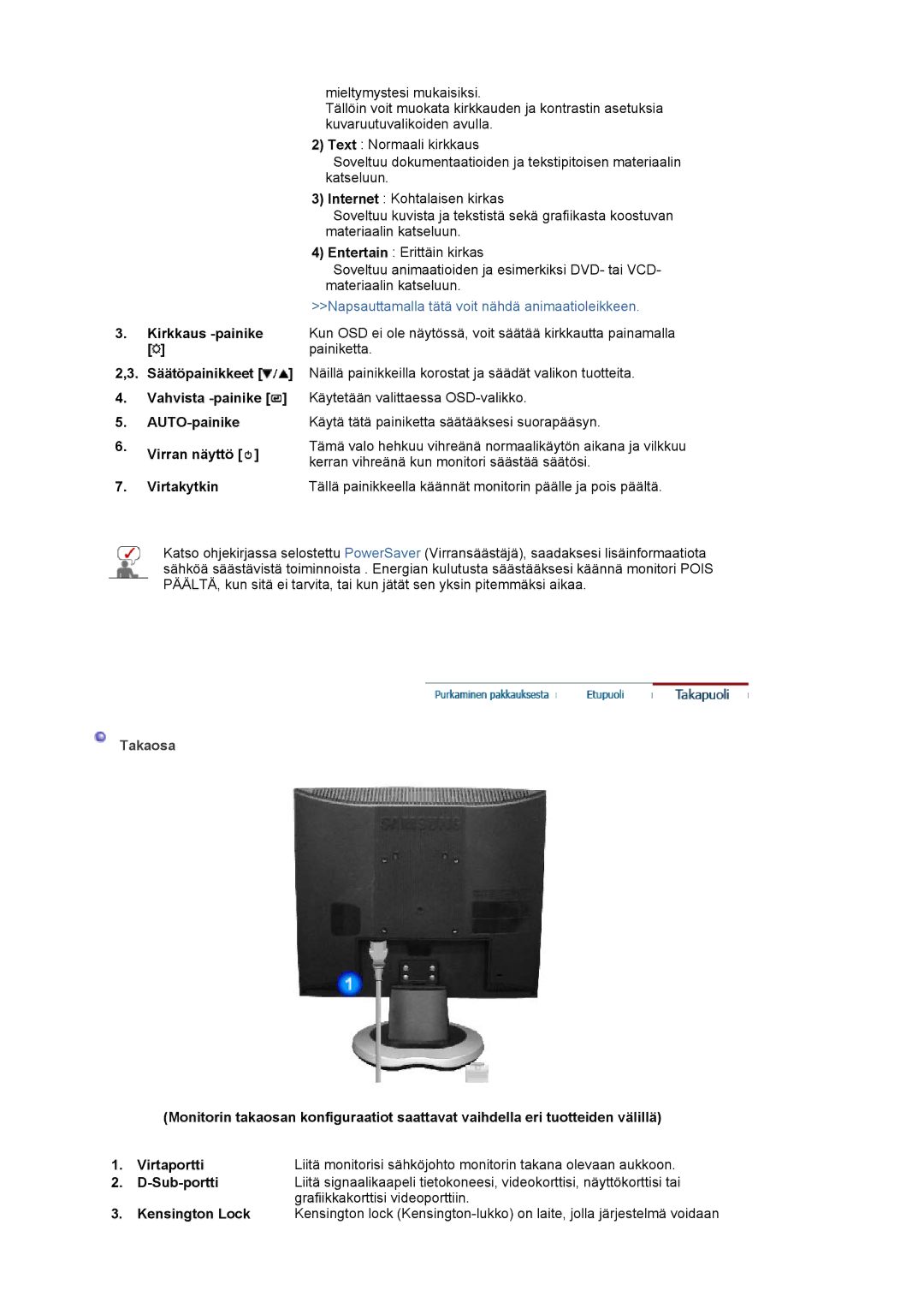 Samsung LS19MJAKSZ/EDC manual Takaosa, Sub-portti, Grafiikkakorttisi videoporttiin 