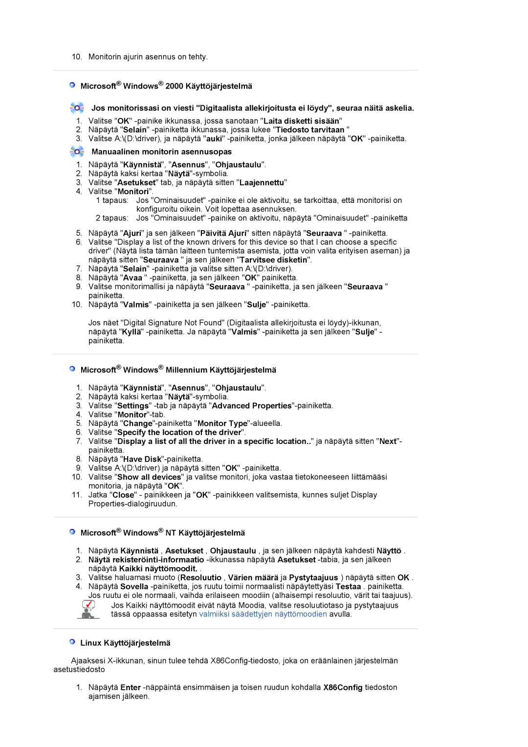 Samsung LS19MJAKSZ/EDC manual Microsoft Windows NT Käyttöjärjestelmä, Linux Käyttöjärjestelmä 