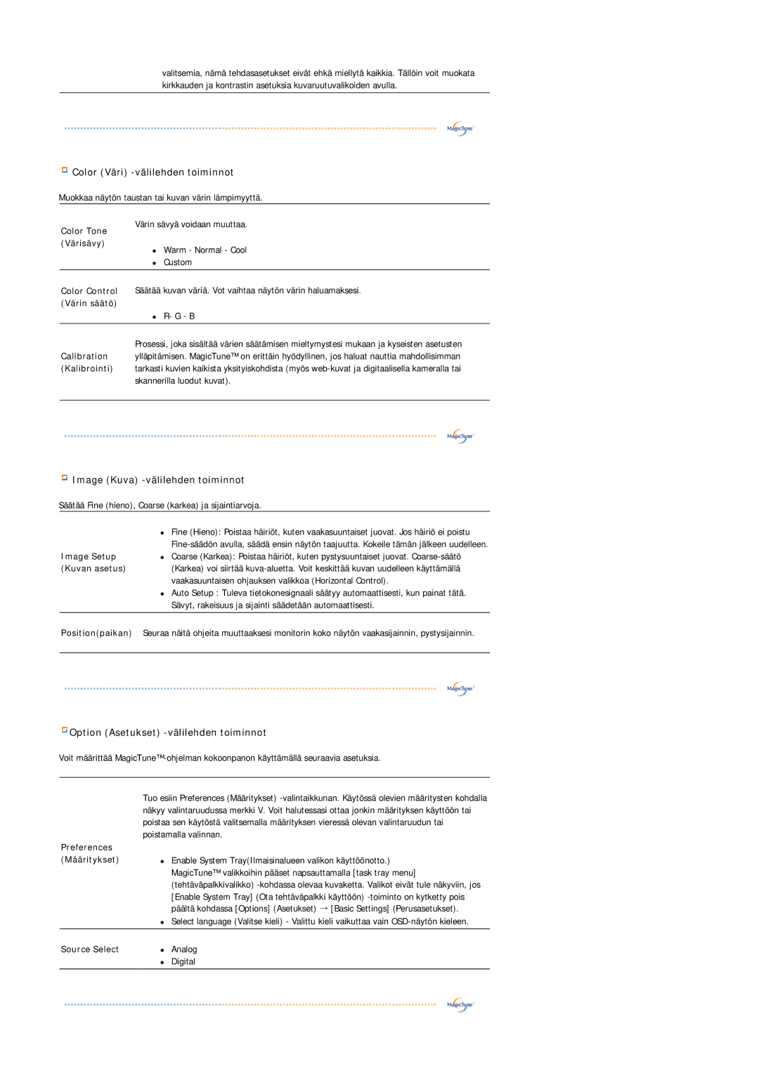 Samsung LS19MJAKSZ/EDC manual Color Väri -välilehden toiminnot 