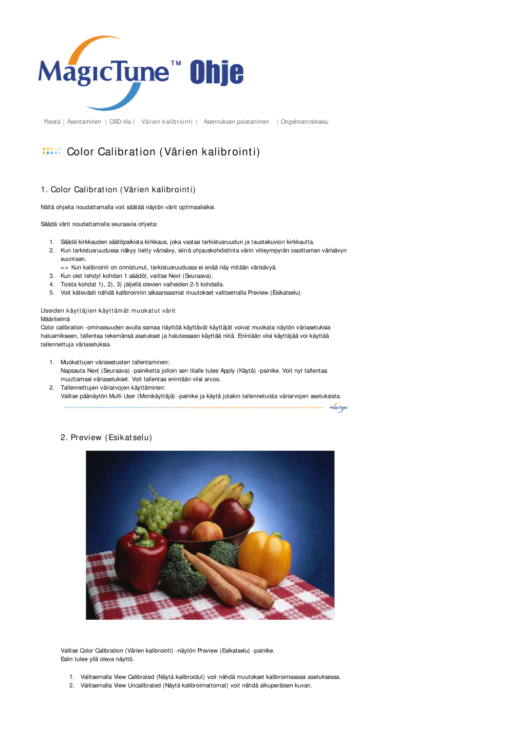 Samsung LS19MJAKSZ/EDC manual Color Calibration Värien kalibrointi 