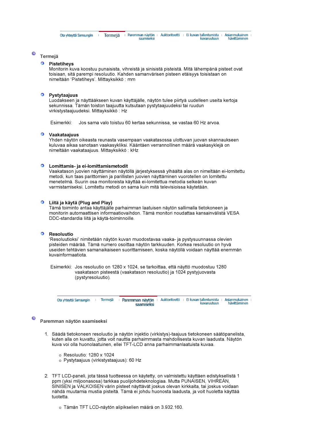 Samsung LS19MJAKSZ/EDC manual Termejä, Paremman näytön saamiseksi 