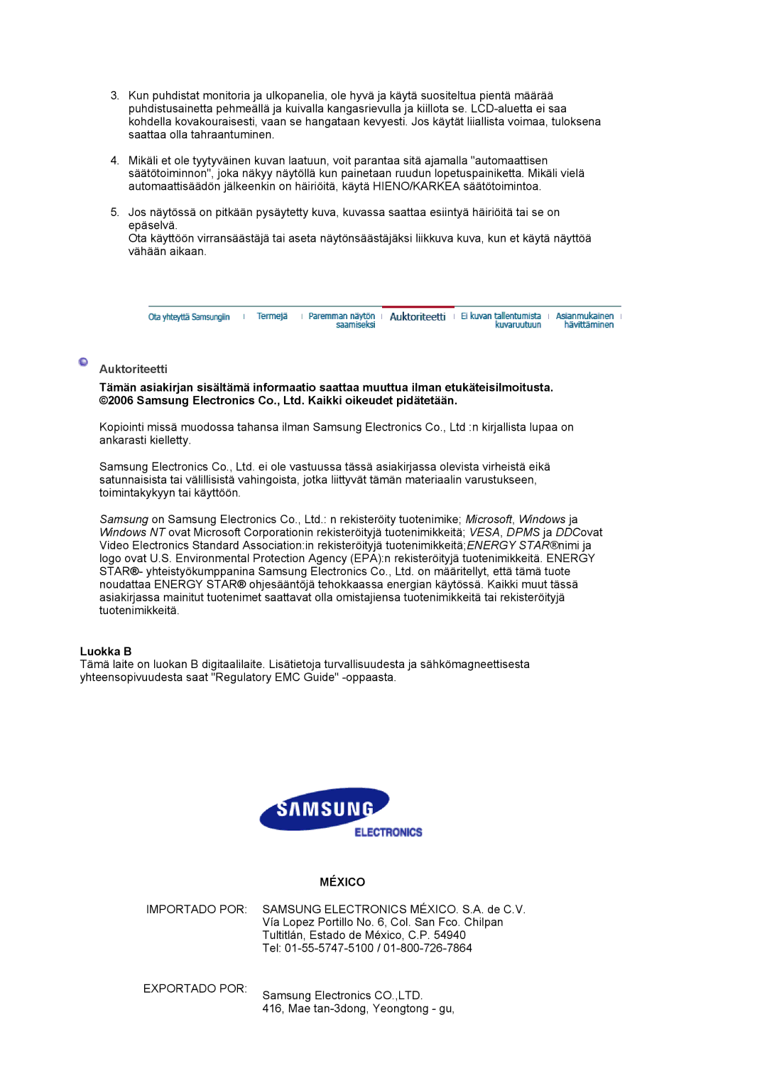 Samsung LS19MJAKSZ/EDC manual Auktoriteetti, Luokka B 