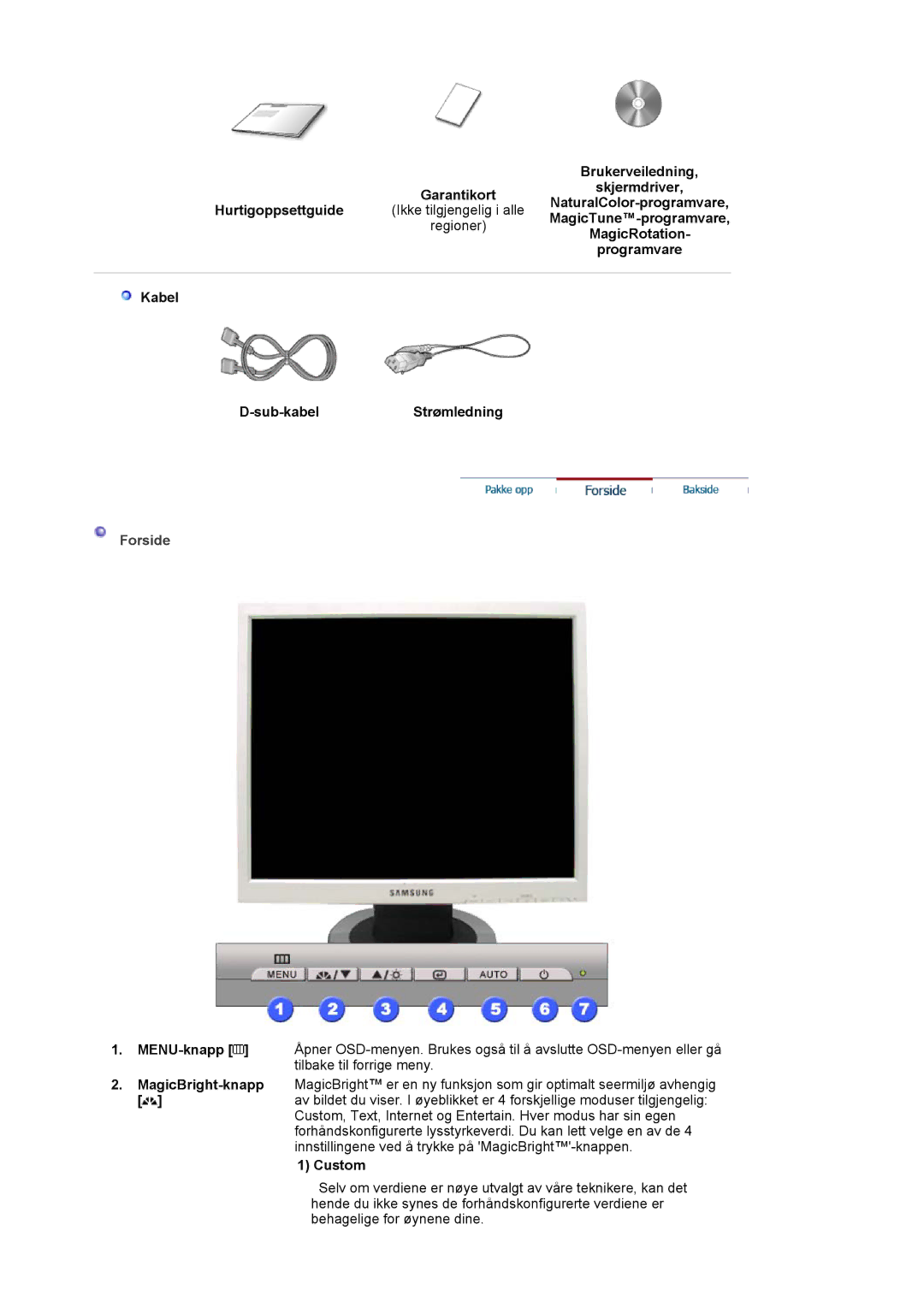 Samsung LS19MJAKSZ/EDC manual Brukerveiledning Garantikortskjermdriver, Forside, Custom 