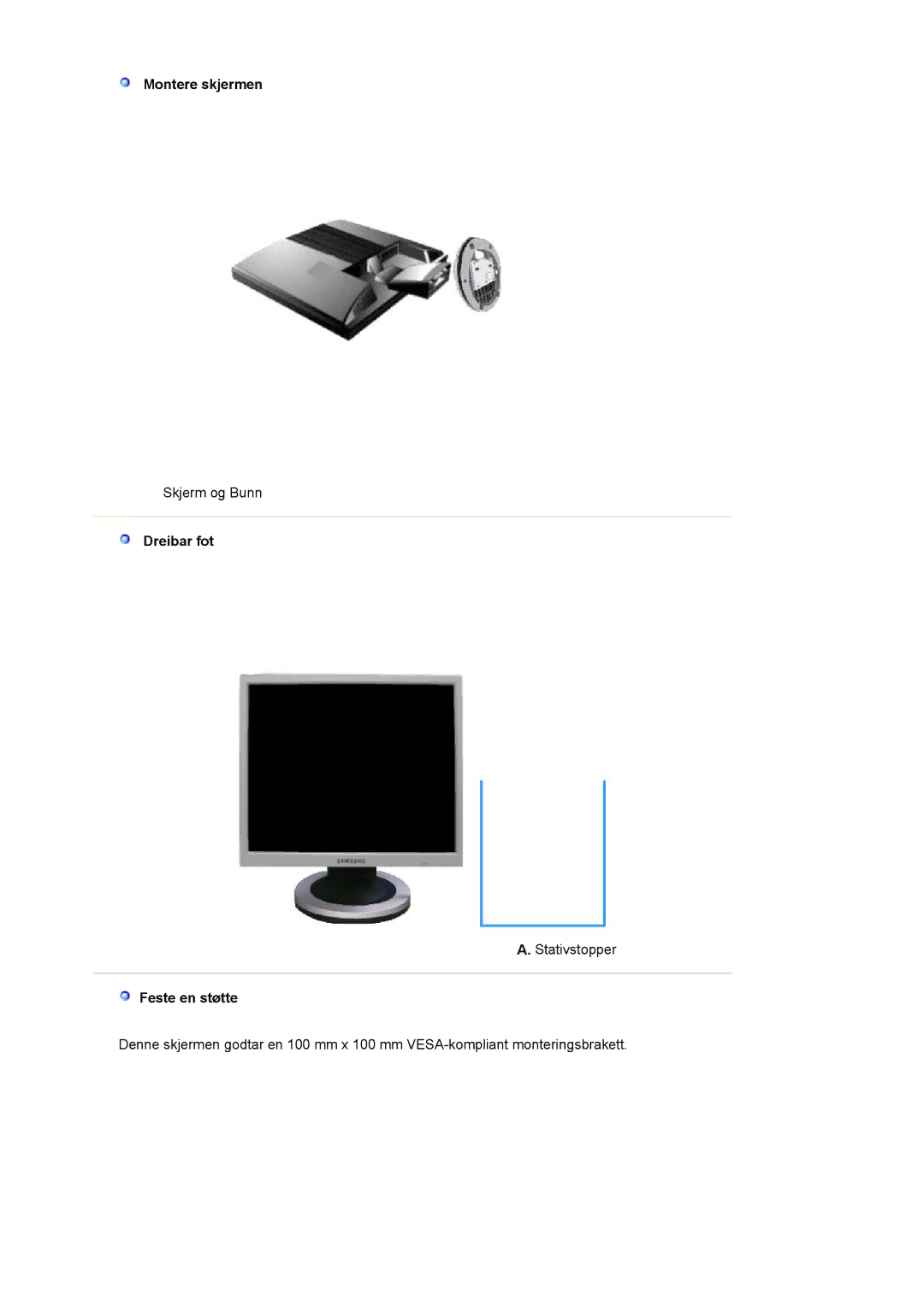 Samsung LS19MJAKSZ/EDC manual Montere skjermen, Dreibar fot, Feste en støtte 