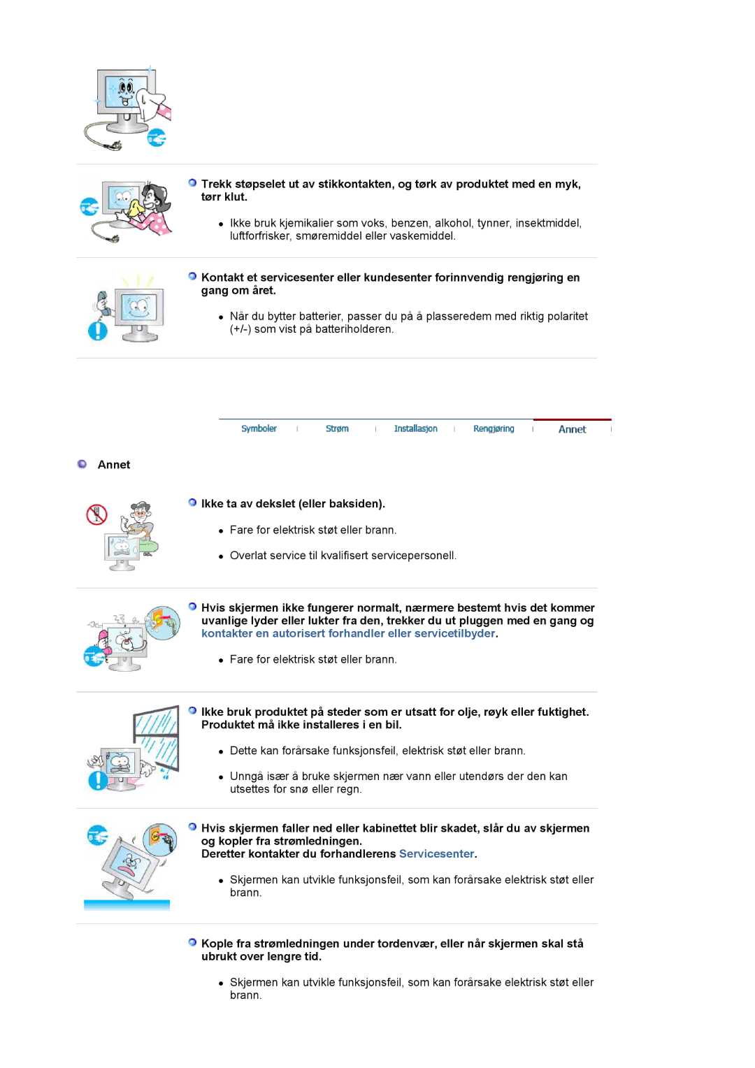 Samsung LS19MJAKSZ/EDC manual Annet Ikke ta av dekslet eller baksiden 