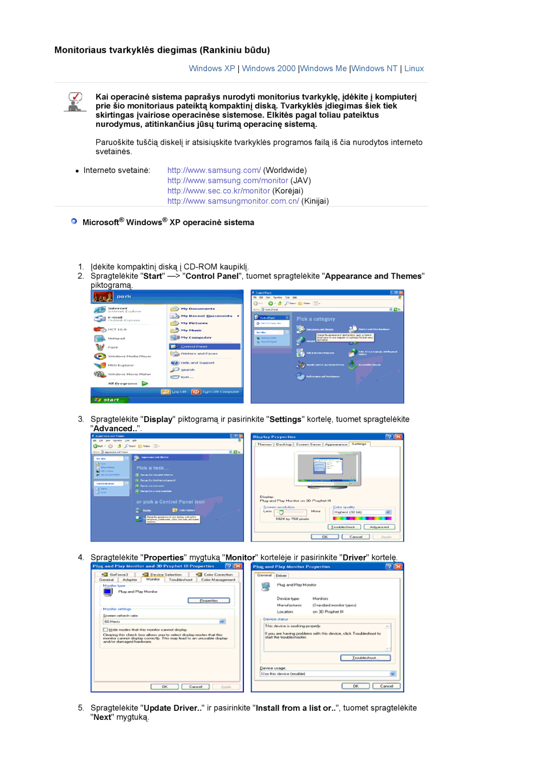 Samsung LS19MJAKSZ/EDC manual Monitoriaus tvarkyklės diegimas Rankiniu būdu, Microsoft Windows XP operacinė sistema 