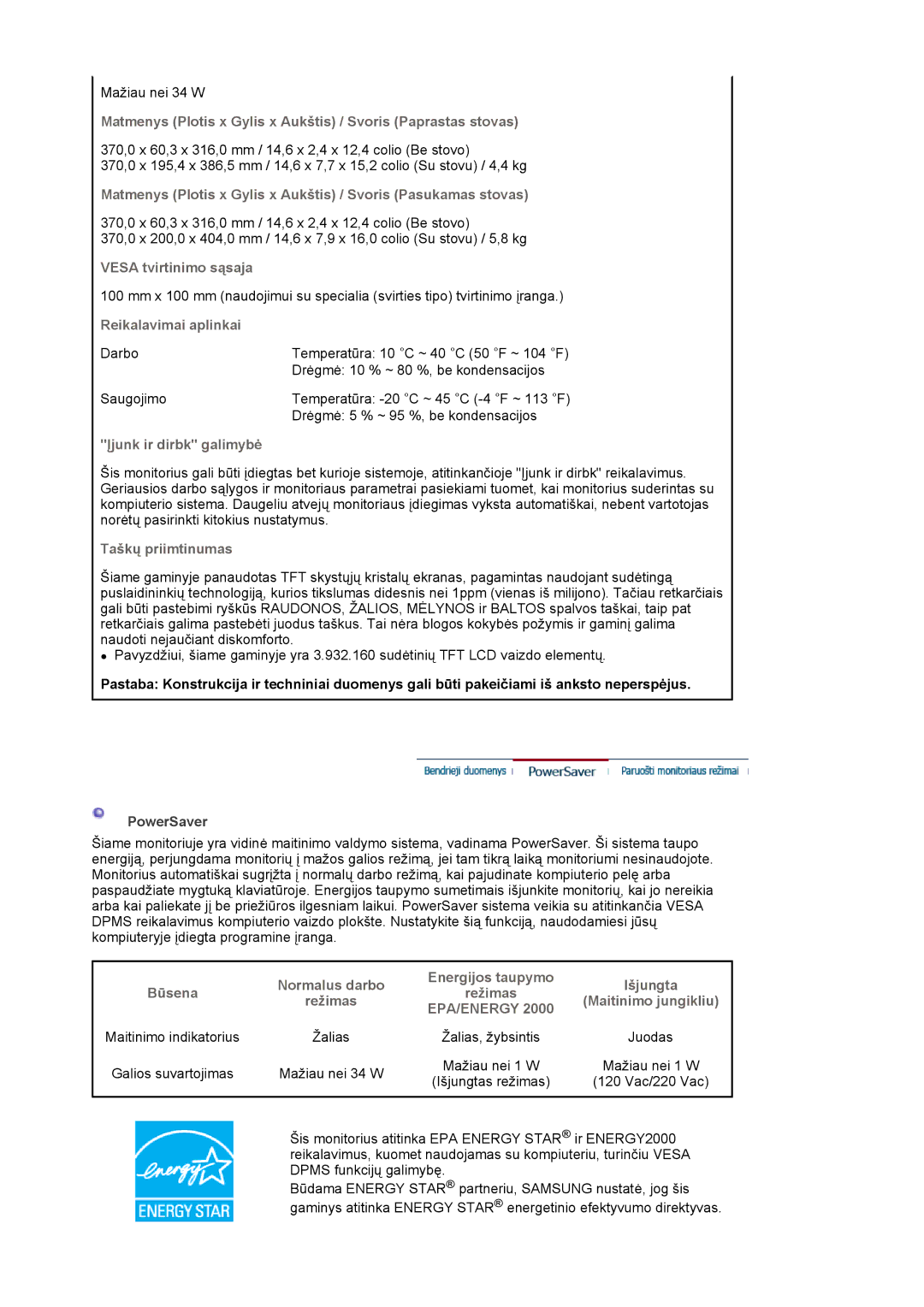 Samsung LS19MJAKSZ/EDC manual Mažiau nei 34 W 