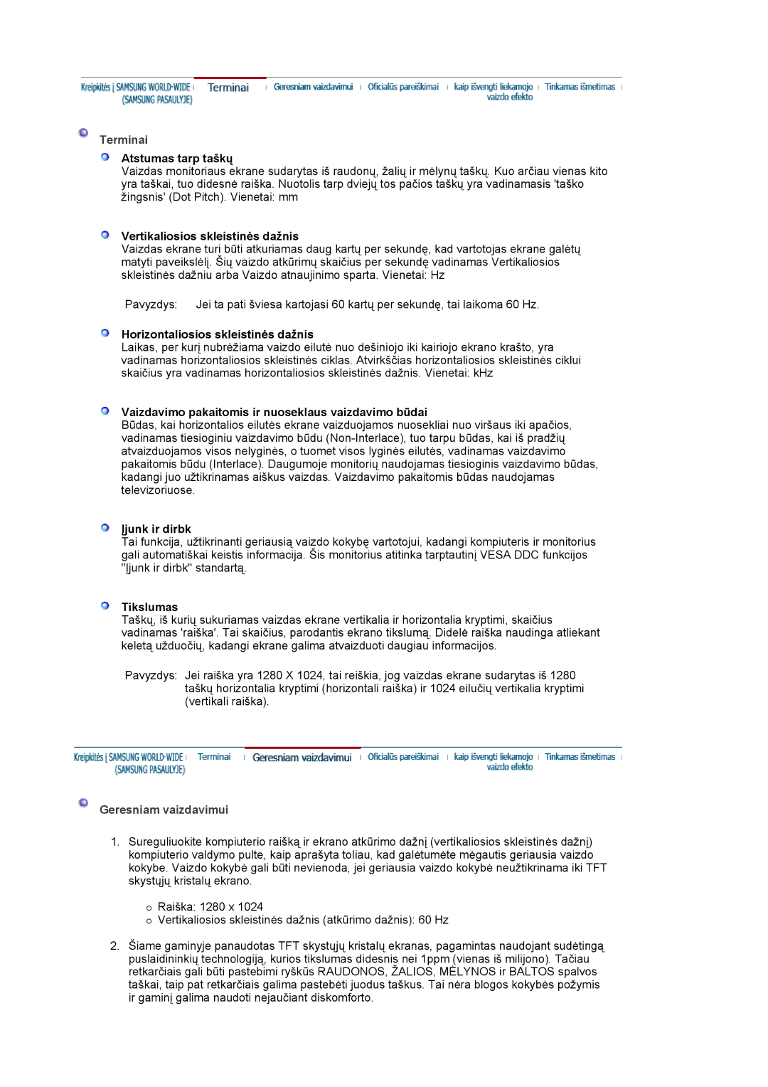 Samsung LS19MJAKSZ/EDC manual Terminai, Geresniam vaizdavimui 