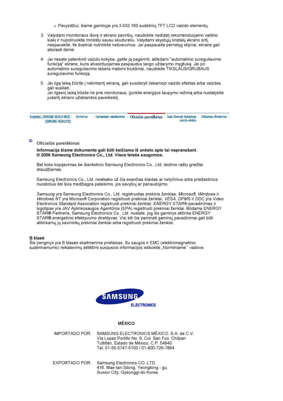 Samsung LS19MJAKSZ/EDC manual Oficialūs pareiškimai, Klasė 