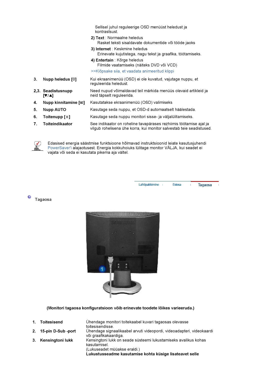 Samsung LS19MJAKSZ/EDC manual Seadistusnupp, Neid täpselt reguleerida, Tagaosa 