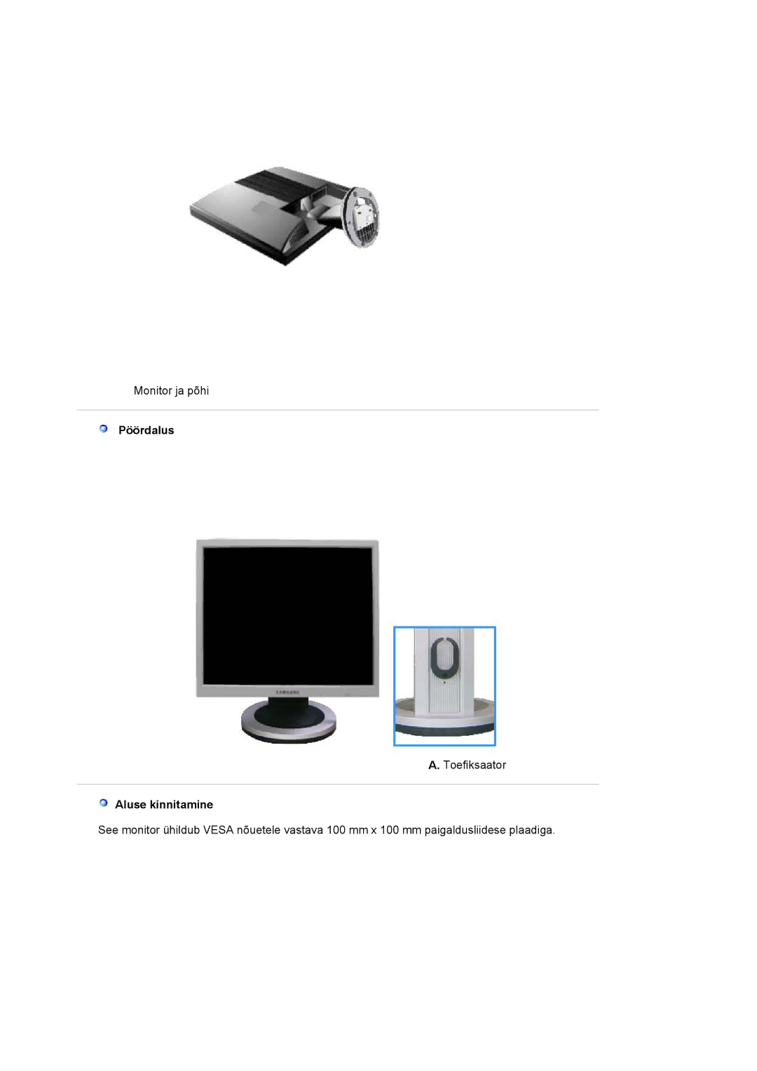 Samsung LS19MJAKSZ/EDC manual Pöördalus, Aluse kinnitamine 