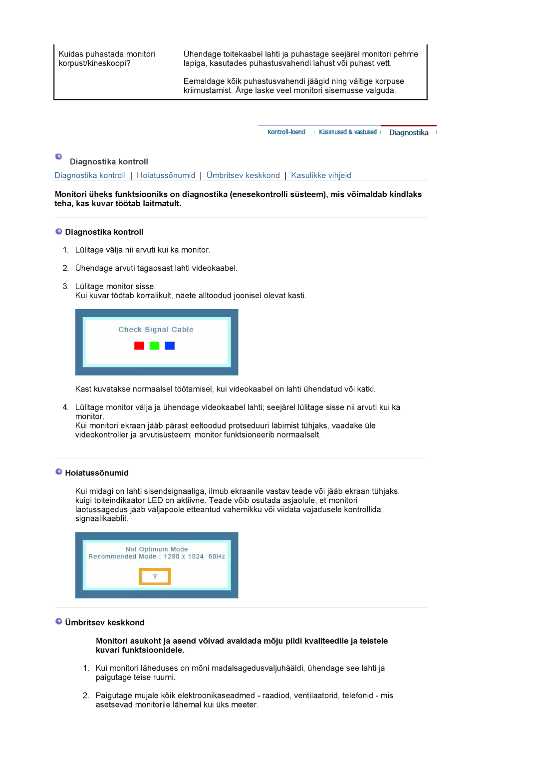 Samsung LS19MJAKSZ/EDC manual Diagnostika kontroll, Hoiatussõnumid 