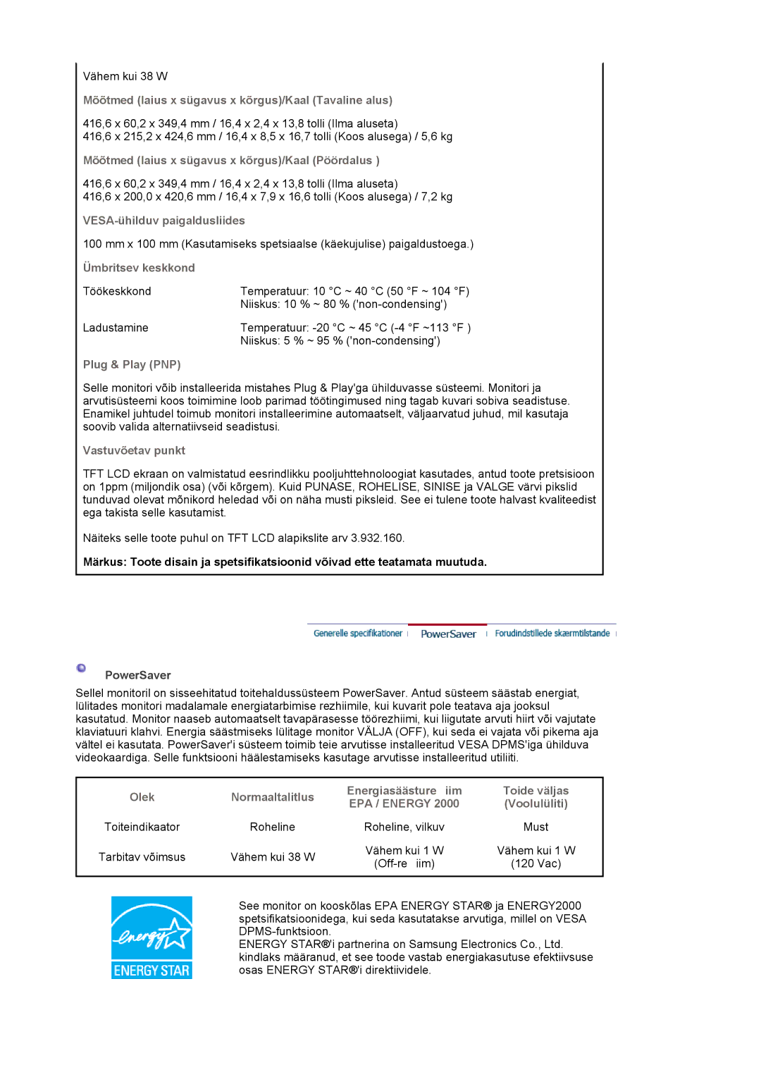 Samsung LS19MJAKSZ/EDC Mõõtmed laius x sügavus x kõrgus/Kaal Tavaline alus, VESA-ühilduv paigaldusliides, Plug & Play PNP 