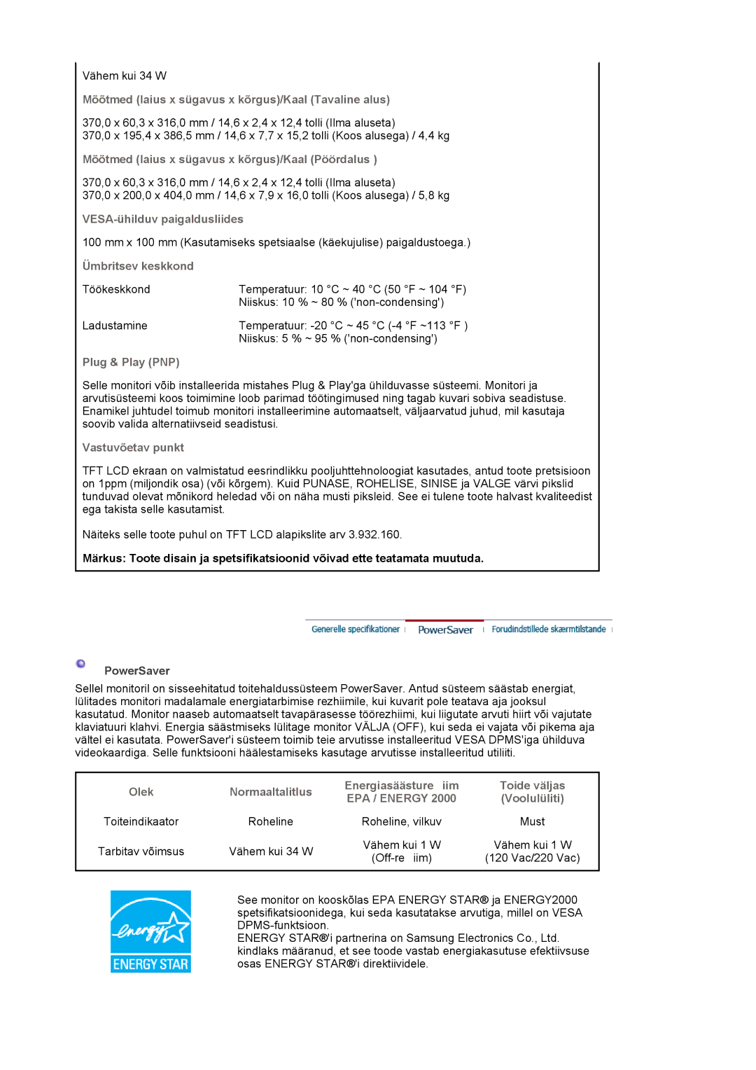 Samsung LS19MJAKSZ/EDC manual Vähem kui 34 W 